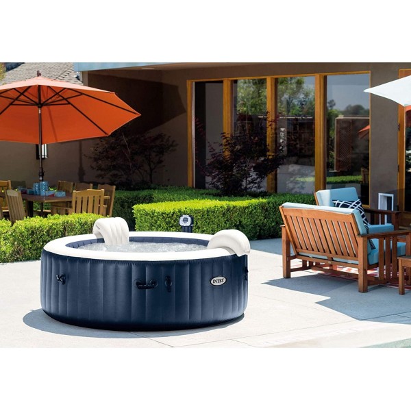 Intex 28409E PureSpa 6 Person Home Outdoor Inflatable Portable Heated Round Hot Tub Spa 85-inch x 28-inch with 170 Bubble Jets, Built in Heat Pump, and Drink Cup Holder Refreshment Tray