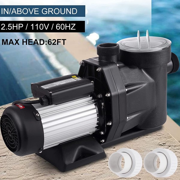 PRIBCHO 2.5 HP Pool Pump Inground High Flow Pool Pump Above Ground 1850W Single Speed Swimming Pool Pumps Filter with Strainer Basket 110V W/ 2Pcs Connectors