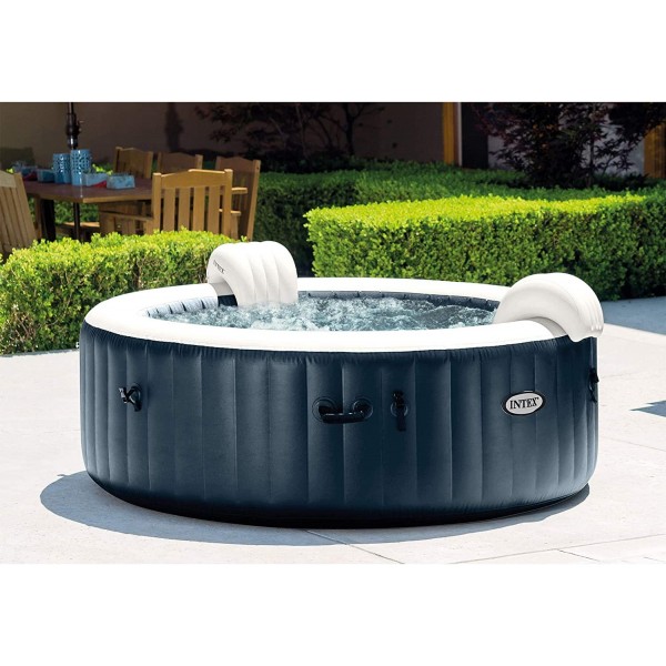 Intex 28431E PureSpa Plus 85in x 25in Outdoor Portable Inflatable 6 Person Round Hot Tub Spa with 170 Bubble Jets, Cover, Built in Heater Pump, and 2 Non-Slip Seats, Navy