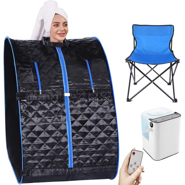 Angotrade Portable Steam Sauna, Personal Indoor Sauna Tent Remote Control&Chair&60 Minute Timer Included, One Person Sauna for Therapeutic Relaxation at Home(29.5 x 35 x 40.3inch, Black Blue)
