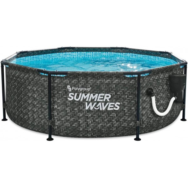 Summer Waves P2A00830A Active Metal Frame 8ft x 30in Round Above Ground Wicker Gray Swimming Pool w/Skimmer Plus Pool Filter Pump & Type 1 Cartridge
