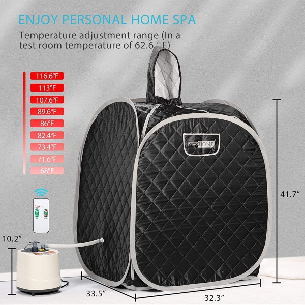 VIVOHOME Portable Personal Steam Sauna Spa with 2L 900 Watt Steamer, 9 Temperature Levels, 99 Minutes Timer, Remote Control, Foldable Chair, Carrying Bag Folding Home Therapeutic Sauna Spa Tent Black