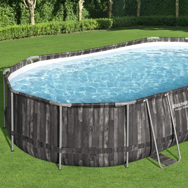 Bestway Power Steel 20 x 12 x 4 Foot Above Ground Oval Swimming Pool Set with Ladder, Cover, Pump, Replacement Cartridge, & Accessory Repair Kit