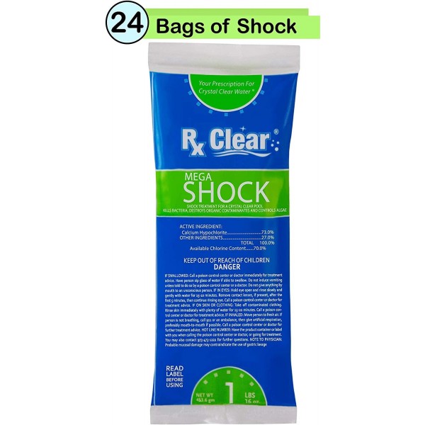 Rx Clear Mega Shock | 73% Calcium Hypochlorite | Kills Algae in Swimming Pools | Works As Pool Sanitizer Clarifier and Algicide | One Pound Bags | 24 Pack