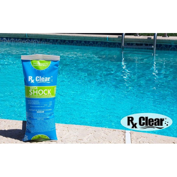 Rx Clear Mega Shock | 73% Calcium Hypochlorite | Kills Algae in Swimming Pools | Works As Pool Sanitizer Clarifier and Algicide | One Pound Bags | 24 Pack