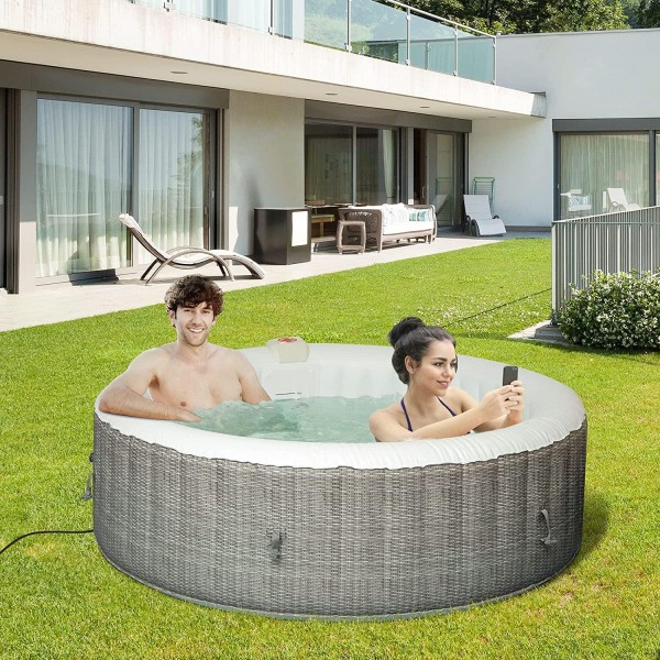 Outsunny 4-6 Person Inflatable Portable Hot Tub Outdoor Round Heated Spa with 130 Jets, Cover, Filter Cartridges, Grey