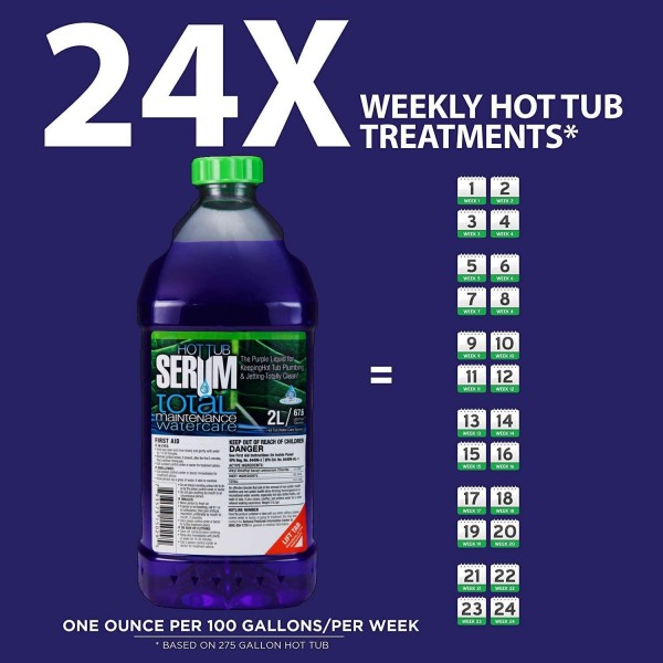 Hot Tub Serum - an EPA Registered Weekly Maintenance Bio-Cleaner/Clarifier/Conditioner/Softener All-in-One 2 Liter (24 Weekly doses)