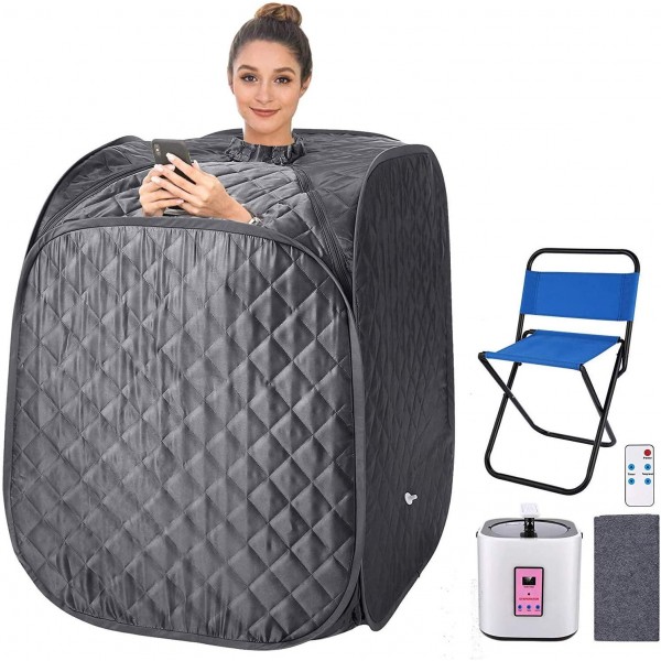 Portable Personal Sauna 2L Home Steam Sauna Tent Folding Indoor Sauna Spa with Remote Control, Timer, Foldable Chair (Gray)
