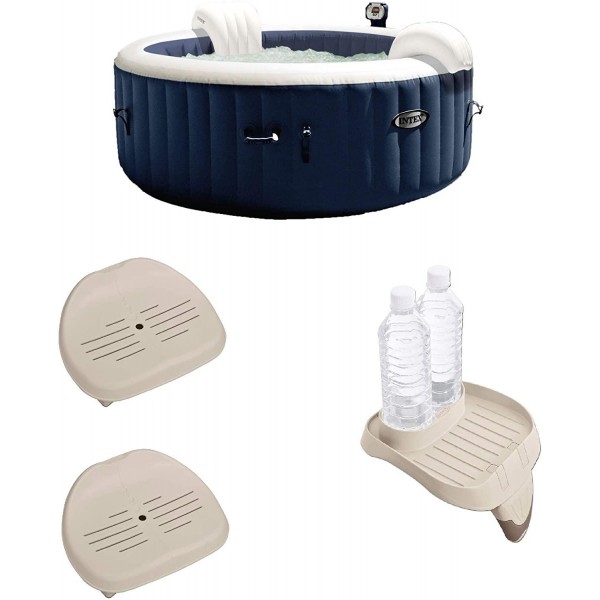 Intex 28405E PureSpa 4 Person Home Outdoor Inflatable Portable Heated Round Hot Tub Spa 58-inch x 28-inch with 120 Bubble Jets, Non-Slip Seat (2 Pack) and Drink Cup Holder Tray, Blue