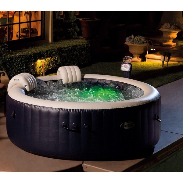 Intex 28405E PureSpa 4 Person Home Outdoor Inflatable Portable Heated Round Hot Tub Spa 58-inch x 28-inch with 120 Bubble Jets, Built in Heat Pump, and Drink Cup Holder Tray, Blue