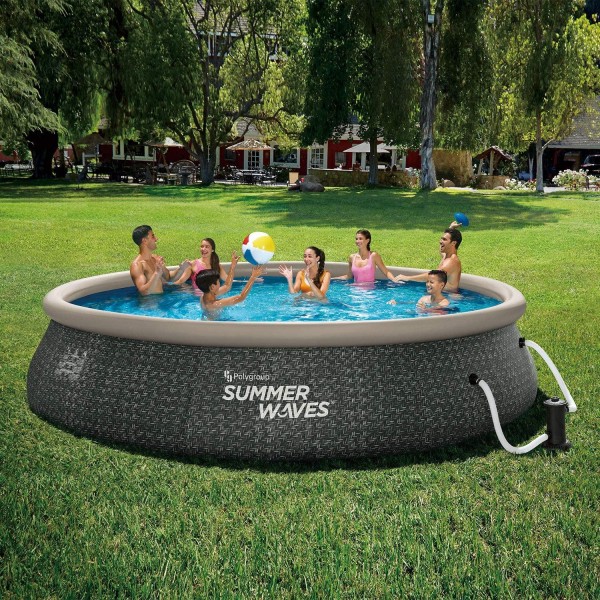 Summer Waves P1A01642E 16ft x 42in Round Quick Set Inflatable Ring Above Ground Swimming Pool with Ladder and Filter Pump, Dark Gray Herringbone Print