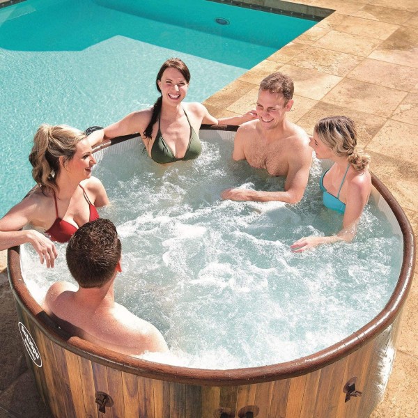 Bestway 60026E SaluSpa Helsinki 7 Person Portable Inflatable Round Outdoor Hot Tub Spa with 81 Air Jets, Cover, Pump, & Integrated Filter, Wood Print