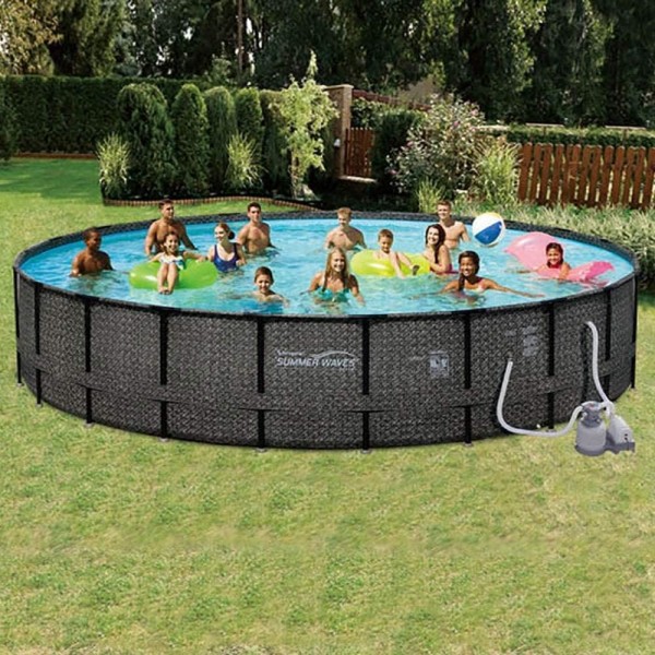 Summer Waves P4A024521 24ft x 52in Elite Round Above Ground Frame Outdoor Swimming Pool Set w/Sand Filter Pump, Pool Cover, Ladder, & Maintenance Kit