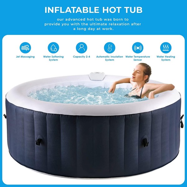 Pirecart Inflatable hot tub, Round Outdoor Heated Spa 2-4 Person with Bulit-in Pump Air Jet, 120 Bubble Jets, Tub Cover, Child Safty Keys, Repair Kit, Filter Cover, Ground Sheet & Filter Covers