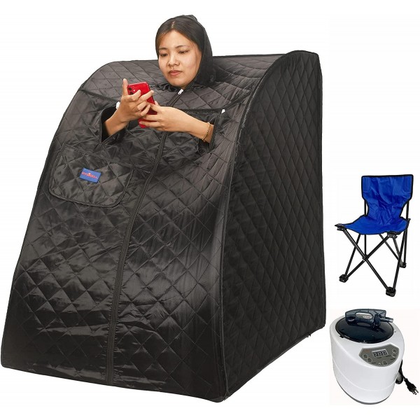 BIRDBELL Saunas, Portable Steam Sauna Spa, 2L Personal Therapeutic Sauna with Remote Control,Foldable Chair,90 Minute Timer, 1000 Watt 2L Steam Generator - Black