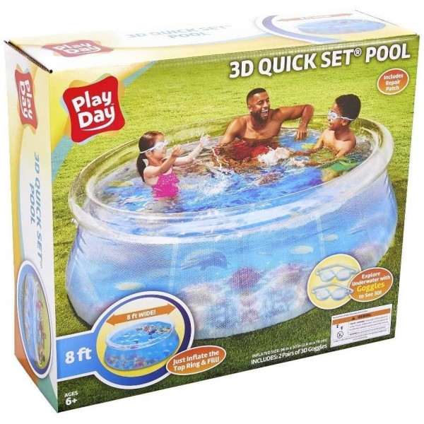 Play Day Kids 8ft 3D Transparent Quick Set Pool with 2 Goggles