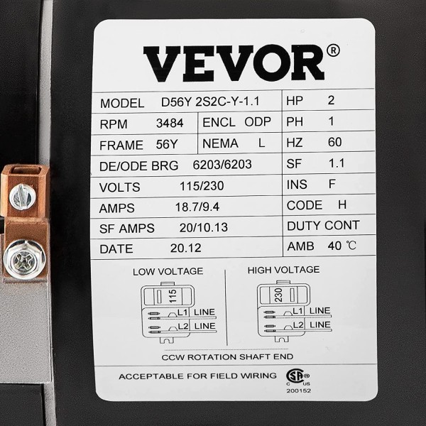 VEVOR 2 HP, 3484 RPM, 1 Speed, 230/115 Volts, 10.13/20 Amps, 1.1 Service Factor, 56Y Frame, PSC, ODP Enclosure, Square Flange Pool Motor, Swimming Pool Pump Motor, Replacement Pool Motor Kit