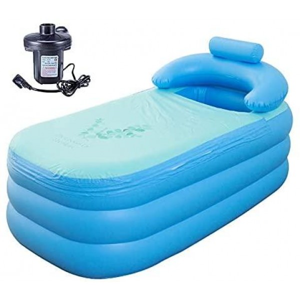 Inflatable Adult Bath Tub, Foldable Portable Environmental High-Density PVC Free-Standing Blow Up Bathtub for Adult Spa with Electric Air Pump Light Blue