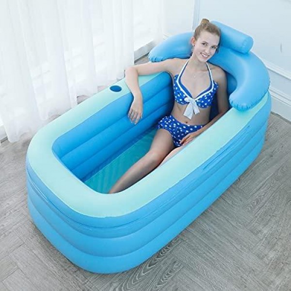 Inflatable Adult Bath Tub, Foldable Portable Environmental High-Density PVC Free-Standing Blow Up Bathtub for Adult Spa with Electric Air Pump Light Blue