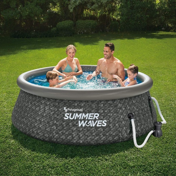 Summer Waves P1A00830A 8ft x 2.5ft Quick Set Ring Above Ground Inflatable Outdoor Swimming Pool with RX300 Filter Pump, Dark Wicker