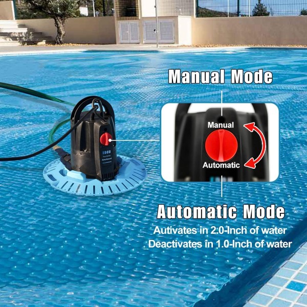 EDOU Automatic Swimming Pool Cover Pump Pro, 2500 GPH, 1/2 HP,110 V,Including an Adapter and 25 Ft 3/4