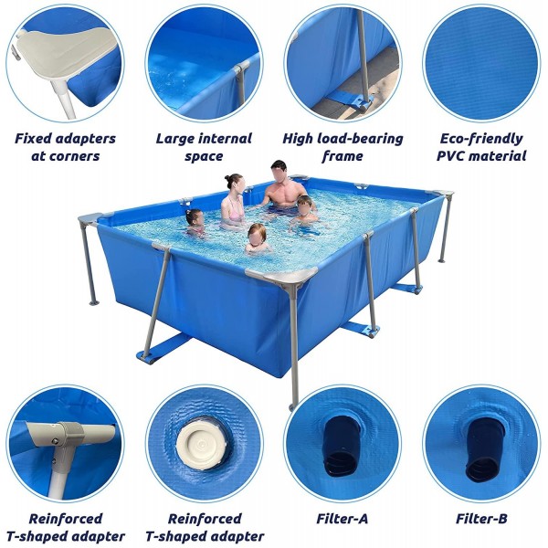 Metal Frame Swimming Pool Summer Rectangular Above Ground Pools Blue Outdoor Lounge Pool for Adults Kids (118