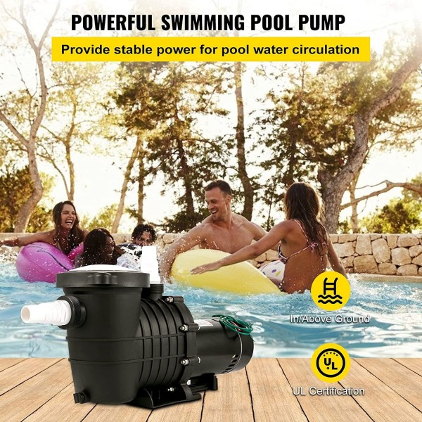 VEVOR Pool Pump, 2HP Swimming Pool Pump, 1500W 6657GPH in/Above Ground Pool Pump, Silent Pool Motor w/Thermal Protection, Single Speed Filter Pump w/Strainer for Spa Water, Swimming Pool, Bathtub