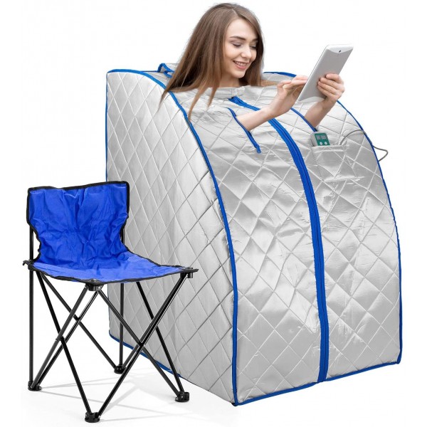 Infrared FAR IR Negative Ion Portable Indoor Personal Spa Sauna by Durherm with Air Ionizer, Heating Foot Pad and Chair, 30 Minutes Timer, Large, Silver