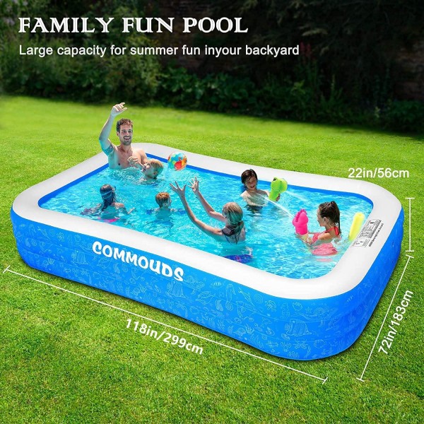 COMMOUDS Large Inflatable Swimming Pool, 120”X72”X22”, Full-Sized Blow up Family Pool for Kids, Baby, Children, Adults, Large Durable, inflated Swimming Pool