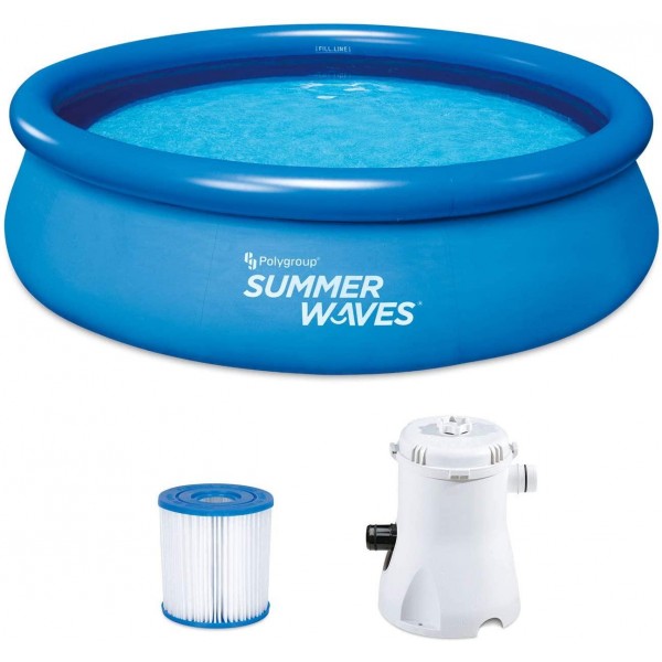 Summer Waves P1001030A156 Quick Set 10ft x 30in Inflatable Ring Round Above Ground Swimming Pool Set with Filter Pump and Type 1 Filter Cartridge