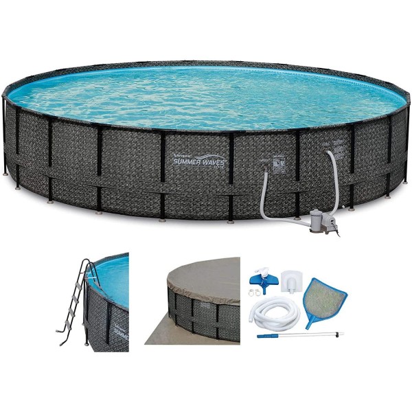 Summer Waves Elite 22ft x 52in Above Ground Frame Outdoor Swimming Pool Set with Filter Pump, Pool Cover, Ladder, Ground Cloth, and Deluxe Maintenance Kit
