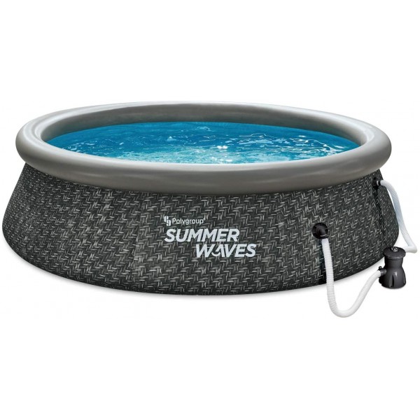 Summer Waves P1A01030A 10ft x 2.5ft Quick Set Ring Above Ground Inflatable Outdoor Swimming Pool with GFCI RX300 Filter Pump, Dark Wicker