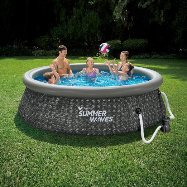 Summer Waves P1A01030A 10ft x 2.5ft Quick Set Ring Above Ground Inflatable Outdoor Swimming Pool with GFCI RX300 Filter Pump, Dark Wicker