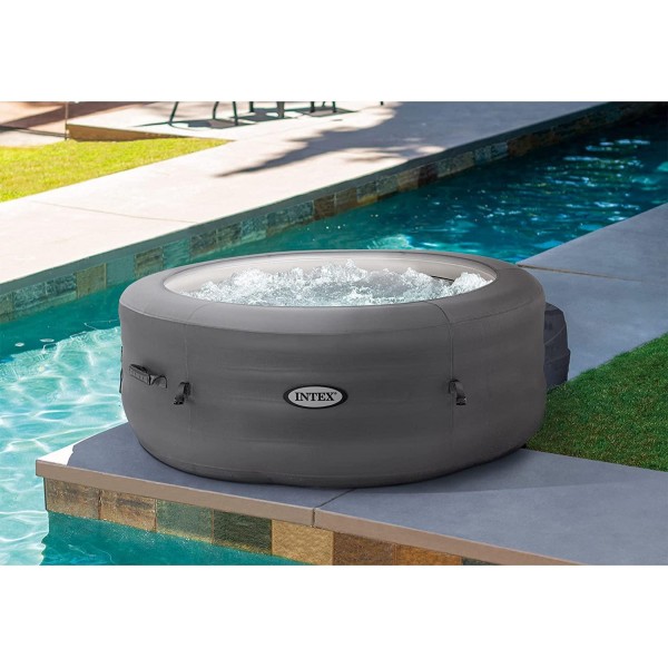 Intex 28481E Simple Spa 77in x 26in 4-Person Outdoor Portable Inflatable Round Heated Hot Tub Spa with 100 Bubble Jets, Filter Pump, and Cover, Gray
