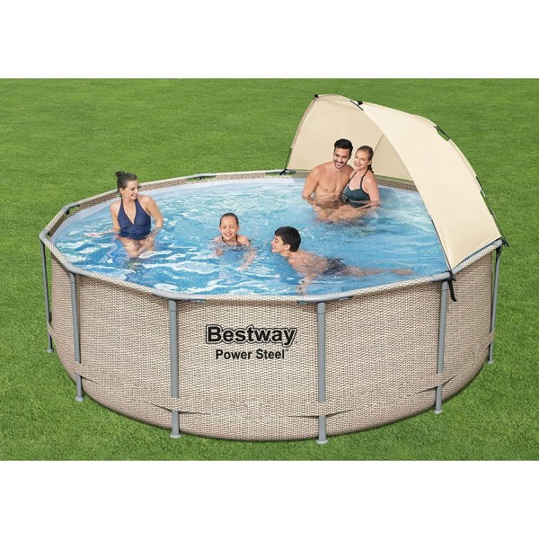 Bestway 5614UE 13 Foot x 42 Inches Power Steel Frame Above Ground Backyard Swimming Pool Set with Filter Pump, Ladder, Cover, and Canopy