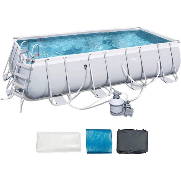 Bestway 18' x 9' x 4' Power Steel Frame Above Ground Rectangular Swimming Pool Set with 1000 GPH Sand Filter Pump, Pool Cover, and Ladder