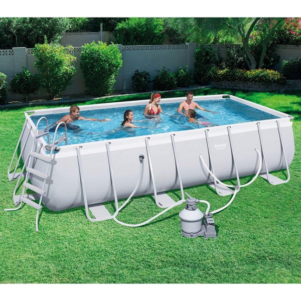 Bestway 18' x 9' x 4' Power Steel Frame Above Ground Rectangular Swimming Pool Set with 1000 GPH Sand Filter Pump, Pool Cover, and Ladder