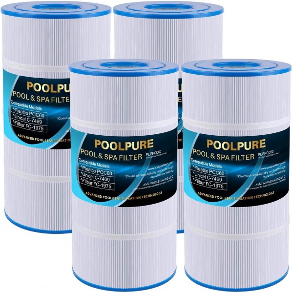POOLPURE PCC60 Pool Filter Replaces Pentair PCC240, Unicel C-7469, R173572, Filbur FC-1975, Clean and Clear Plus 240, 4 X 60 sq. ft. Filter Cartridge 4 Pack
