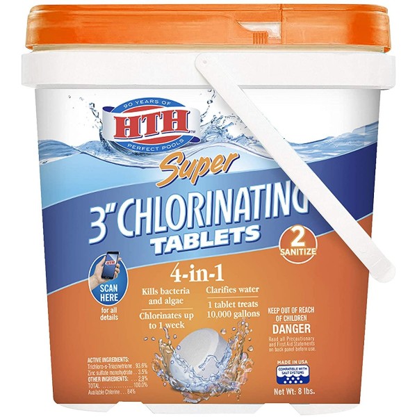 HTH 42037 Super 3-inch Chlorinating Tablets for Swimming Pools, 8 lbs
