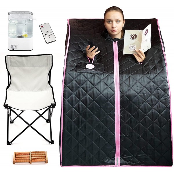 Crew & Axel Steam Sauna Personal Home Spa – Portable Sauna for The Home with Rapid Heat Heat, Timed Remote, Chair, Foot Massager – Helps with Detox & Relaxation (Black)