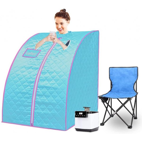 Lafati Lightweight Personal Steam Sauna, Upgrade 1000 Watt Steam Generator Sauna Spa for Relaxation at Home with Remote Control and Folding Chair (Blue)