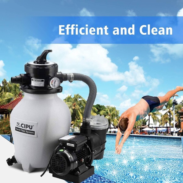 CIPU 12-inch Sand Filter Pump System Handy 4-Way Valve for Above Ground Pools with Prefilter Pool Pump 115V 6-Foot Cord for Easy Installation SFPS12501