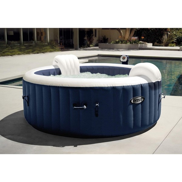 Intex 28405E PureSpa 4 Person Home Outdoor Inflatable Portable Heated Round Hot Tub Spa 58-inch x 28-inch with 120 Bubble Jets, Built in Heat Pump, and Drink Cup Holder Tray, Blue