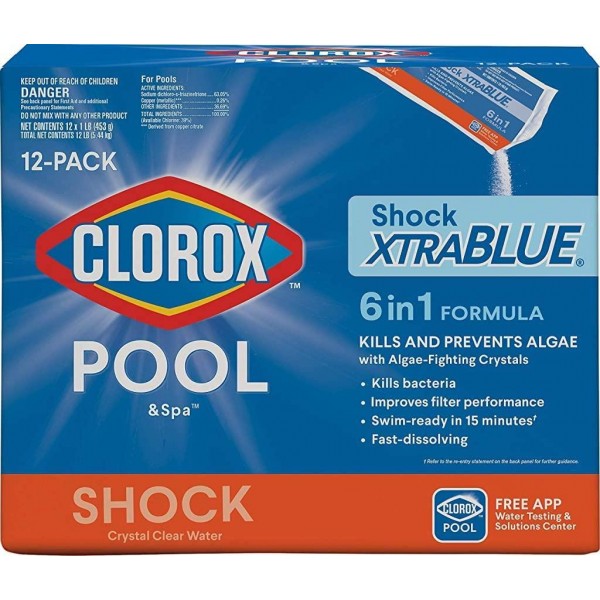 Clorox Pool&Spa 33512CLX Pool Shock XtraBlue (12 1-lb Bags), 12 Pack, White