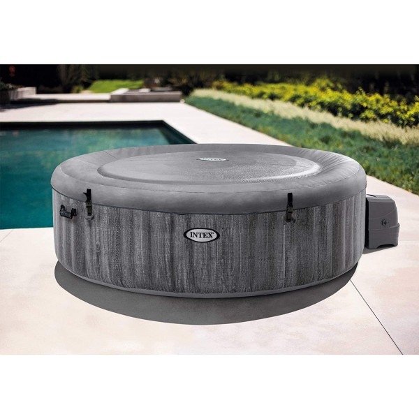 Intex PureSpa Greywood Deluxe 85in x 25in Outdoor Portable Inflatable 6 Person Round Hot Tub Spa with Bubble Jets, Hardwater Treatment, Filter & Cover