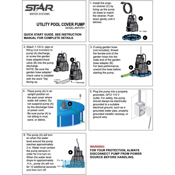 Star SPCP01 ¼ HP Automatic ON/Off Water Removal Pool Cover Pump with Garden Hose Adapter and 25' Power Cord
