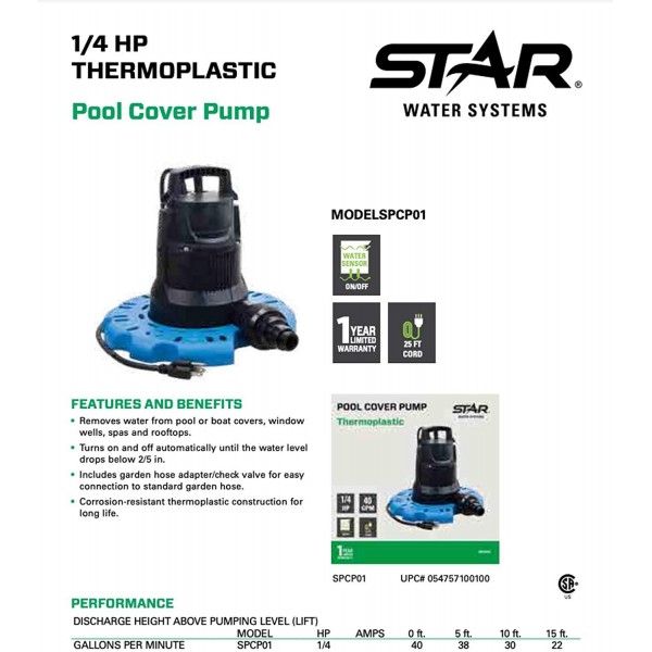 Star SPCP01 ¼ HP Automatic ON/Off Water Removal Pool Cover Pump with Garden Hose Adapter and 25' Power Cord