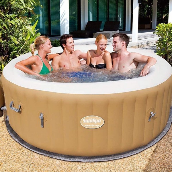 SaluSpa Bestway 77 x 28 Inch 4 to 6 Person Outdoor Inflatable Portable Palm Springs AirJet Hot Tub Pool Spa with Cover, Tan