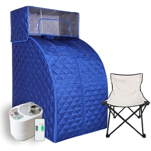 Smartmak Steam Sauna Set, 2L Steamer with Remote Control, Home Full Body One Person Heat Box with Head Cover and Chair kit for Weight Loss &Detox Therapy- Blue