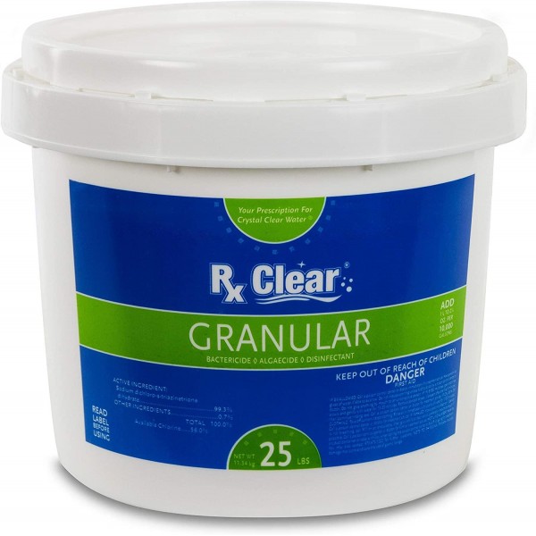 Rx Clear Stabilized Granular Chlorine | One 25-Pound Bucket | Use As Bactericide, Algaecide, and Disinfectant in Swimming Pools and Spas | Fast Dissolving and UV Protected